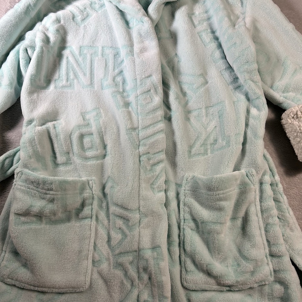 Victorias Secret PINK Plush Fleece Robe ML Mint Green Sherpa Hood Fluffy Belted - Picture 10 of 14